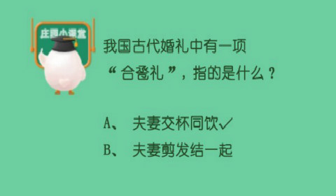 我国古代婚礼中有一项合卺礼指的是什么？蚂蚁庄园6月10日答案